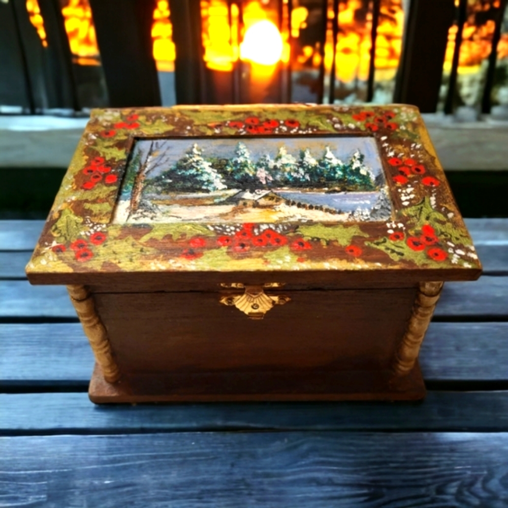 Vintage Hand-made and Hand-painted Wooden Christmas Jewelry/Trinket Box